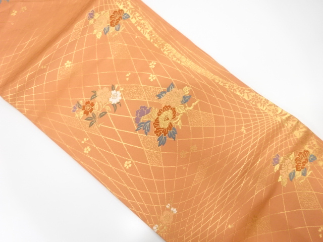 斜め格子に牡丹・桜・梅模様織出し名古屋帯